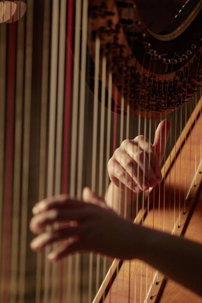istock Female Musician Playing Classical Music on Harp Plucking Strings Gently on Stage 2193593656