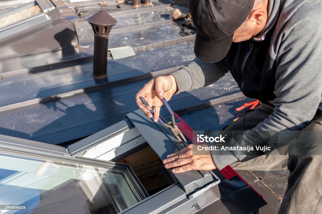 Pilers Window A Roofer Builder Worker Finishing Folding A Metal Sheet Using Special ...