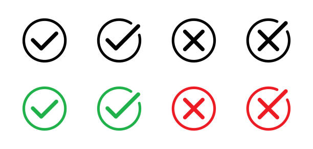 illustrazioni stock, clip art, cartoni animati e icone di tendenza di segno di spunta, simboli a croce. casella di controllo false icone errate impostate. segno di spunta del voto, icone a croce, simboli impostati. icone vettoriali - segno di spunta