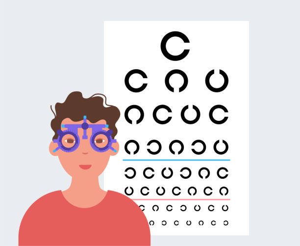 Eye chart examination Eye chart, measuring visual acuity landolt c ring, Japanese vision test with ophthalmic trial frame. Optometry examining. Screening persons for vision impairment. Vision checkup vector illustration visual sense stock illustrations
