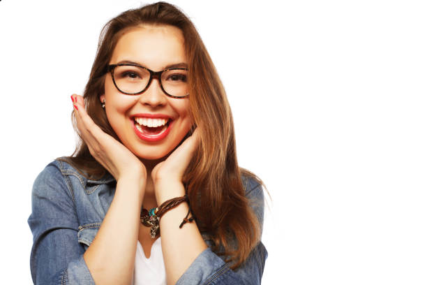 istock calm and friendly woman with glasses 2193604593