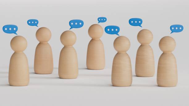 istock Social gathering with texting bubbles message communication on wooden figurine and table top. People lifestyles and social media concept.3D rendering on white background. 2193606914