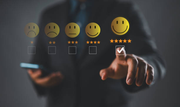 istock Customer review satisfaction feedback survey concept. Five-star rating on virtual feedback interface, excellent customer satisfaction. emoticons different levels of feedback, customer experience, 2193607998