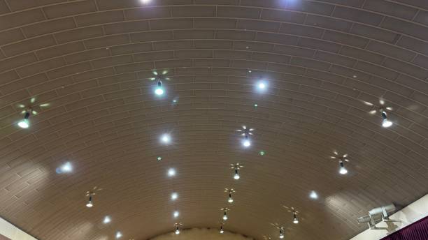 This photo showcases the distinctive arched ceiling of Dongbang High School's gymnasium in Daejeon, South Korea. The image captures the repeating pattern of the ceiling tiles, the evenly spaced lights, and the overall architectural design of the space. It highlights the unique interior of a typical Korean high school gymnasium. This photo is suitable for themes related to school architecture, educational facilities, Korean high schools, and interior design.