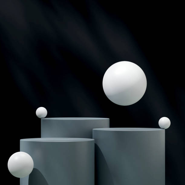 istock white sphere and dark blue wall 3D image render mockup scene grey cylinder podium in square 2193615108