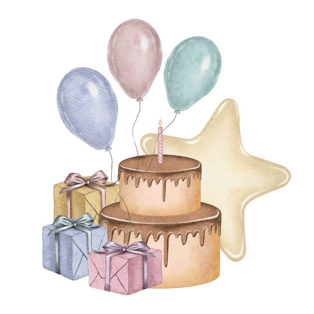 istock Birthday cake with gifts, balloons and a star in the background 2193621648