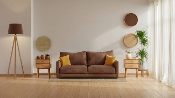 Living room interior with mocha brown mousse sofa and decor on empty white color wall background- 3D rendering