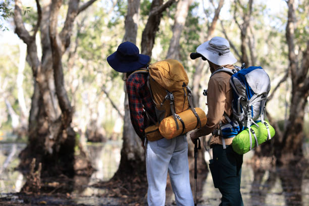 istock Couple backpackers travel in the forest Use binoculars while hiking. 2193627332