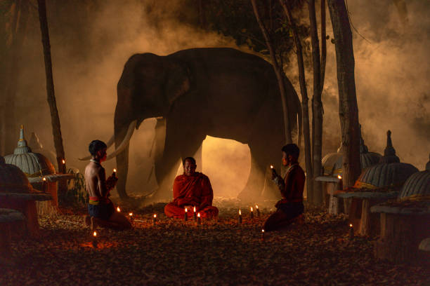 istock Monk with Muay Thai Fighters and Elephant in a Sacred Candlelit Ritual 2193630229