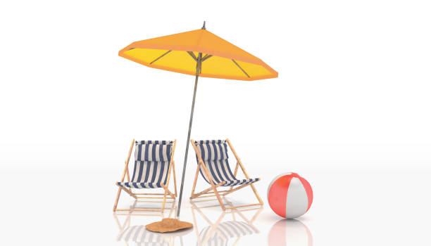 istock 3d render of two deck chairs, a parasol and a beach ball 2193631533