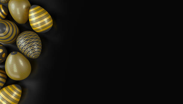istock 3d render of black and gold easter eggs on dark background. 2193631546
