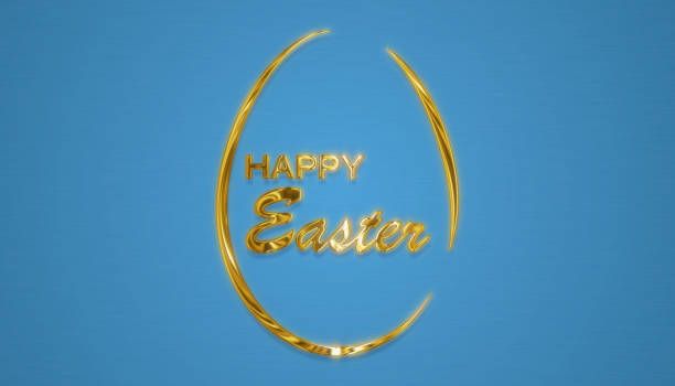 Illustration of Happy Easter greeting card with golden easter egg and handwritten holiday wishes on blue background whith sparkle - vacation concept.