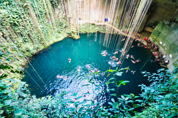 Chichen Itza,Mexico,October 21,2024-Spectacular and scenic Ik Kil Cenote, a popular natural limestone cavern with a deep natural pool of fresh water and tree roots hanging near Chichen Itza