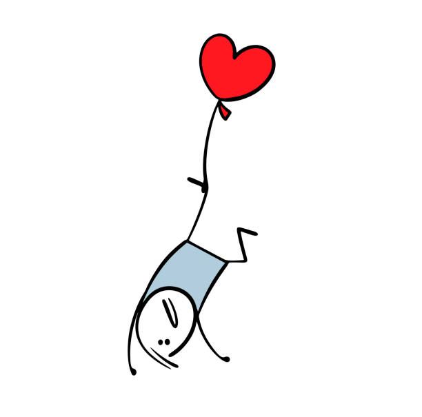 istock Unhappy stickman in love is trapped, flying upside down in the sky. Vector illustration of balloon heart and guy tied by the leg. Funny character on white background. 2193635889