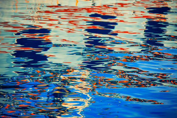 COLORED REFLECTIONSColorful reflections falling on lakes, seas, water. Shapes formed on water by colors such as red, yellow, green, purple, white. Usually in harbors, fishing shelters and forests.