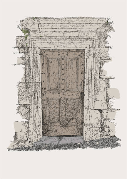 Vintage Architectural French Doorway Vector stroke Illustration. Various colors are grouped separately on separate layers, easily edited. palace of versailles stock illustrations