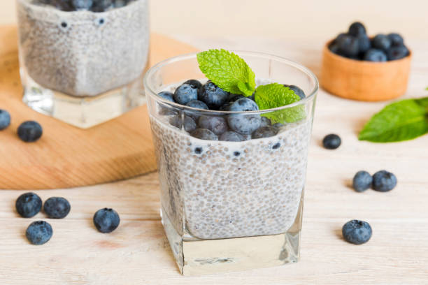 istock Healthy breakfast or morning with chia seeds vanilla pudding and blueberry berries on table background, vegetarian food, diet and health concept. Chia pudding with coconut milk and blueberry 2193644700