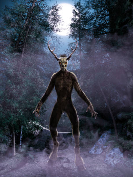 The mythological creature or evil spirit Wendigo originating from Algonquian folklore at night in a forest, 3d render.