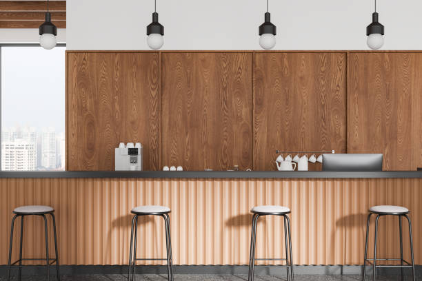 istock Modern cafe interior with wooden wall panels, corrugated bar front, stools, and pendant lighting in an urban city view setting. 3D Rendering 2193651256
