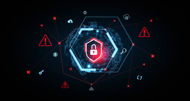 istock Cybersecurity concept illustration with locked shield and warning signs. 3D Rendering 2193652291