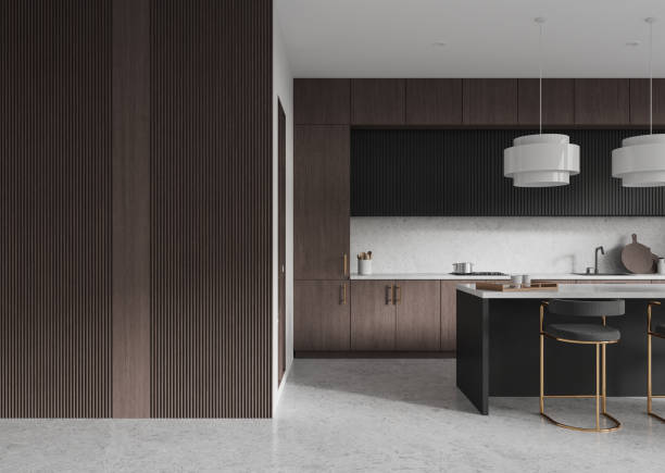 istock Modern kitchen interior with dark wood cabinets, white countertops, and island with bar stools in a contemporary home design. 3D Rendering 2193652379