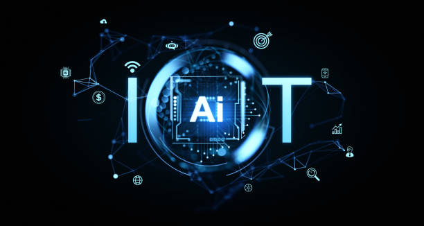 istock Futuristic IoT and AI concept with glowing blue text and icons on a dark background. 3D Rendering 2193652835
