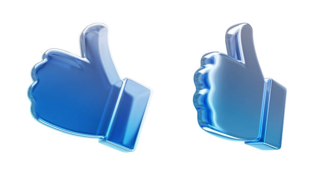 Two glossy blue thumbs-up symbols with a transparent and shiny finish, positioned side by side, on a white background. Concept of approval. 3D Rendering.