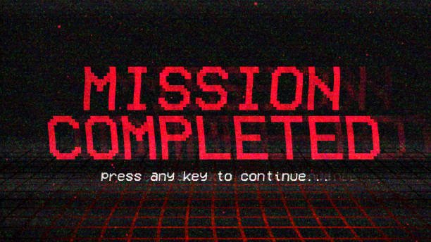 istock Mission completed, vintage arcade game screen with glitch effect 2193655782