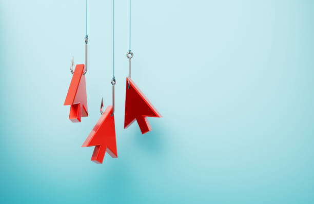 Red Mouse Pointers Hooked By Fishing Hooks On Blue Background - Phishing Concept