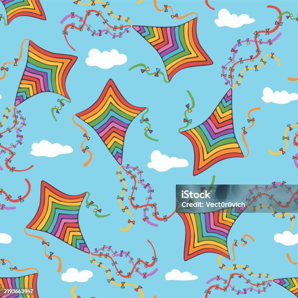 Kites Repeat Pattern Flying Rainbow Kites In The Sky Seamless Pattern Vector Illustration ...