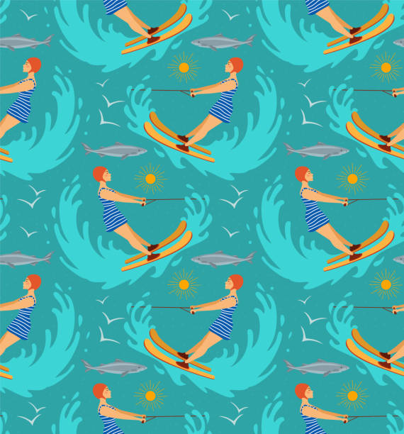 woman riding waterski, retro repeat seamless pattern in aqua blue teal , vector illustration design print