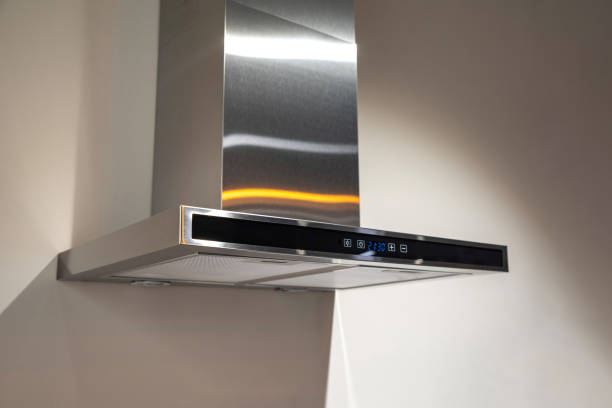 istock Stainless steel kitchen hood with modern design and digital controls 2193665898