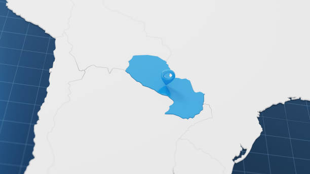 Blue Paraguay 3d map with pointer pin surrounded with other countries in white. Political map with borders. 3d render illustration.