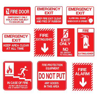 Basic Fire Signs Emergency Set Exit Fire Extinguisher Sign Stock Illustration - Download ...