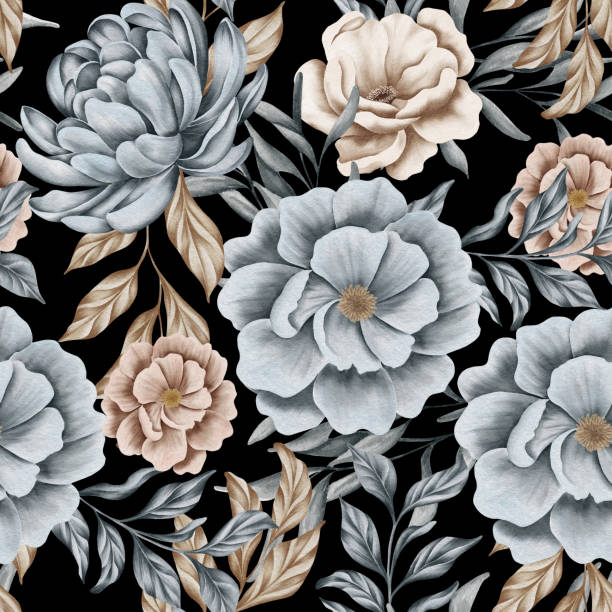 istock Watercolor floral seamless pattern with dried leaves, blue and beige blush flowers, leaf branches. Wedding invitations, backgrounds, wallpapers, fashion, prints, fabric 2193674071