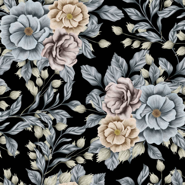 istock Watercolor floral seamless pattern with dried leaves, blue and beige blush flowers, leaf branches. Wedding invitations, backgrounds, wallpapers, fashion, prints, fabric 2193674219