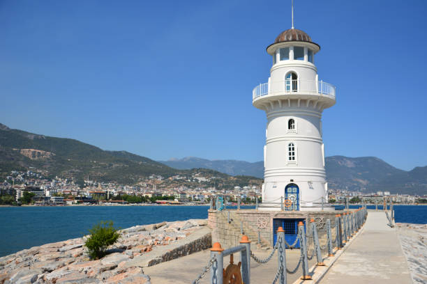 istock a white lighthouse with Alanya town and mountains in the background 2193677412