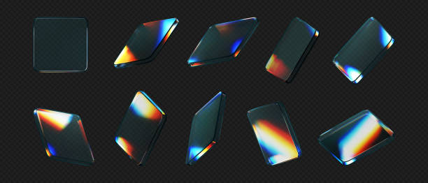 istock 3d glass square shapes set with refraction and holographic effect isolated on black background. Render transparent crystal glass button with dispersion light, rainbow gradient. 3d vector illustration 2193682028