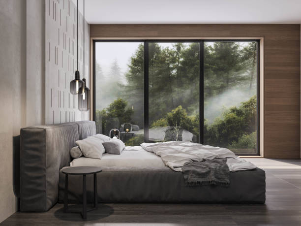 istock Scandinavian Minimalist Bedroom Interior with Panoramic Forest View. 3D Rendering 2193688600