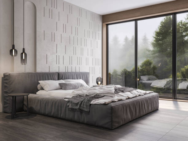 istock Scandinavian Minimalist Bedroom Interior with Panoramic Forest View. 3D Rendering 2193688601