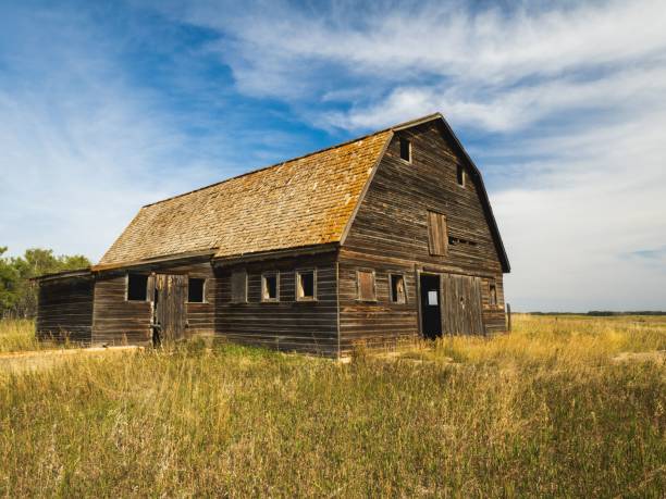 istock Rustic wooden barn set in a vast field under a blue sky, capturing rural charm and simplicity. 2193690894
