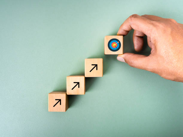 istock Business goal growth process, new objective, investment plan, economic improvement concepts. Hand put target icon on top of wooden cube blocks with rising arrow on green background, minimal style. 2193694246
