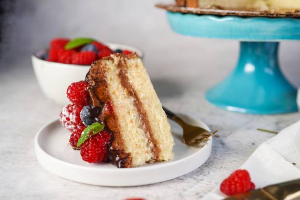 Homemade vanilla layered sponge cake with chocolate buttercream frosting