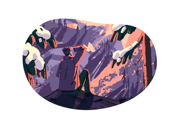 istock Hiker climbed on cliff and looking at sunrise, sunset above mountains. Calm tourist is in winter travel back view. Snow nature, rock landscape. Flat isolated vector illustration on white background 2193707323