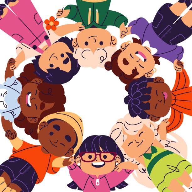 süße kinder, die händchen halten und im kreis stehen. diverse kinderfreunde umarmen sich, unterstützen sich gegenseitig, spielen. internationale freundschaft. flache isolierte vektorillustration auf weißem hintergrund - jungen stock-grafiken, -clipart, -cartoons und -symbole