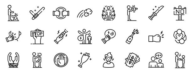 Violence icons set, outline style Violence icons set. Outline set of violence vector icons for web design isolated on white background abuse stock illustrations