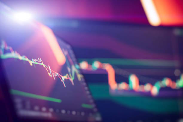 istock Abstract digital financial chart with colored candlestick charts, trend lines and network data visualization 2193713446