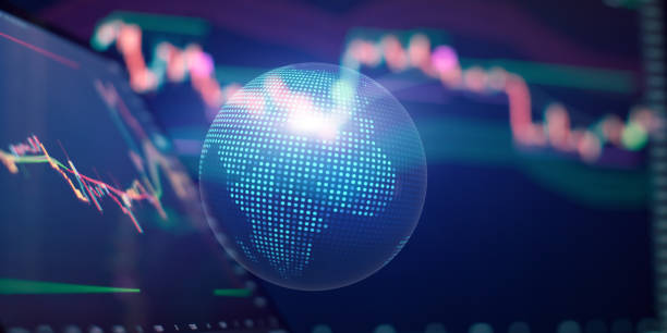 istock Global economic visualization with digital globe and stock market trends overlaid on abstract financial design 2193713454