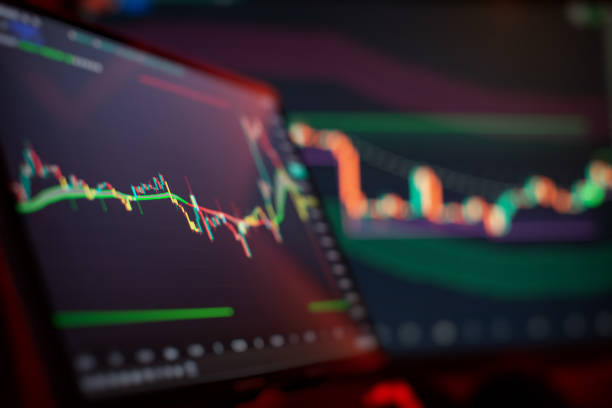 istock Abstract digital financial chart with colored candlestick charts, trend lines and network data visualization 2193713686