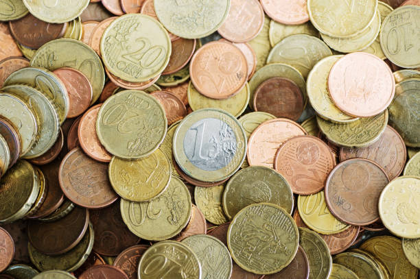 Close-up of different euro currency coins